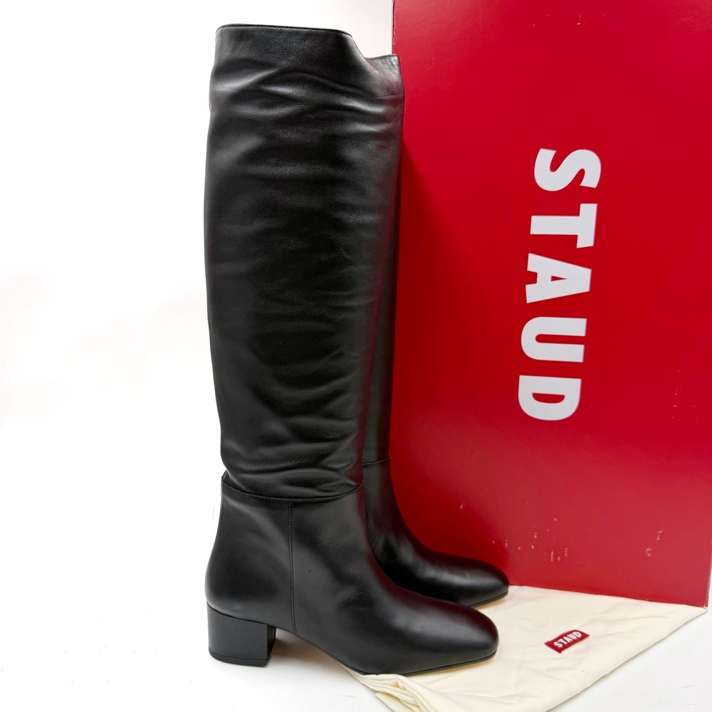 STAUD Black Leather Over-the-Knee Block Heel Boots - Picture 3 of 12
